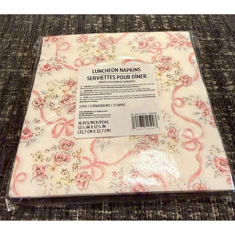 Amscan Luncheon Napkins Pink White New Floral Bows 2 Packs 32ct 2-Ply